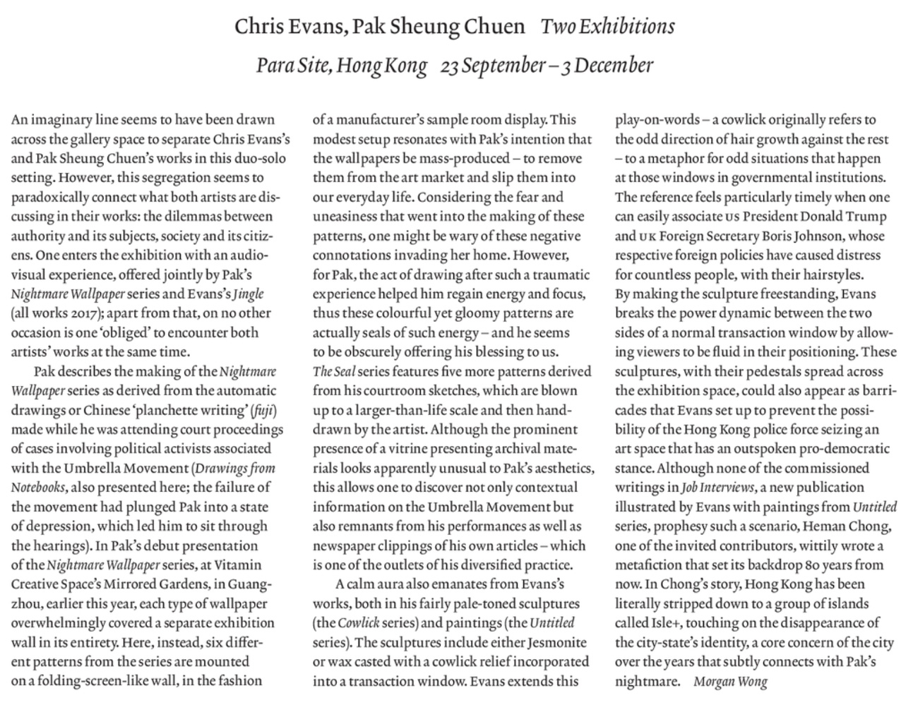 ArtReview Asia - Para Site - Chris Evans, Pak Sheung Chuen